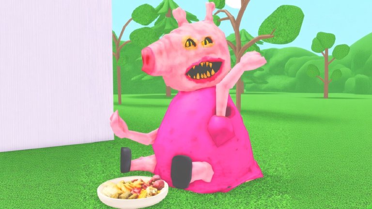 Hungry Pig Roblox chase: player sprinting with stolen food while the monstrous pig family pursues through a dark map